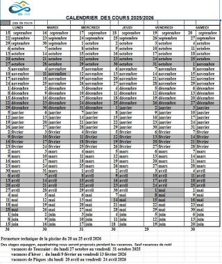 Calendrier des cours saison 2025 2026