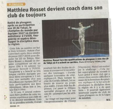 Article du Progrès du 23 sept 2021 "Matthieu Rosset devient coach dans son club de toujours"