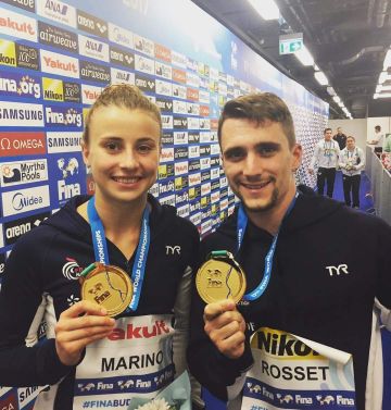 MATHIEU  et LAURA viennent d'être sacrés champions du monde du plongeon en team event à Budapest 18 juillet 2017